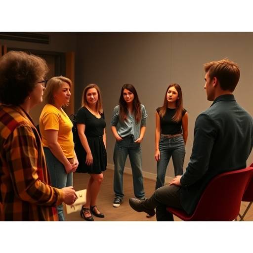 Casting-Workshop: Eine Gruppe von Schauspielern, die an einem Casting teilnehmen und von einem Casting-Direktor beurteilt werden.