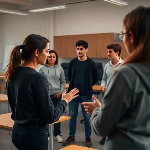 Eine Gruppe von Schauspielschülern, die in einem Klassenzimmer proben.